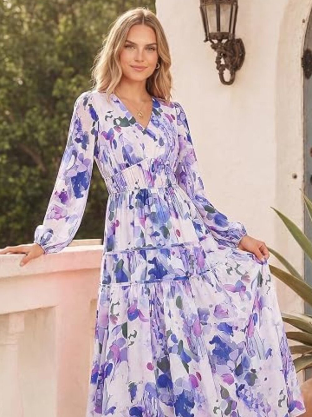 GRACE KARIN Floral Maxi Dress Purple Long Sleeve V Neck Size Large